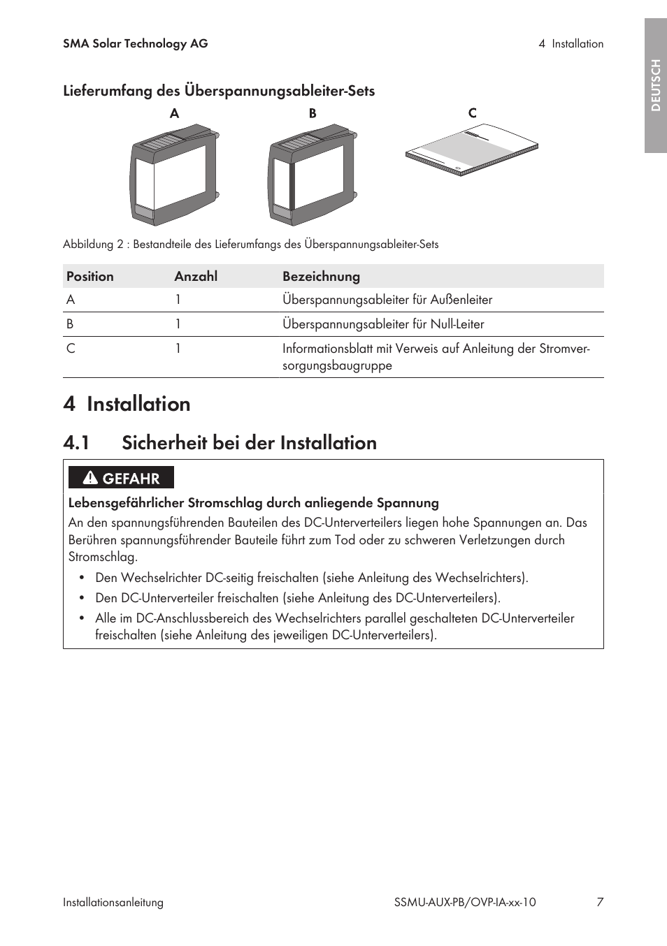 4 installation, 1 sicherheit bei der installation, Installation | Sicherheit bei der installation | SMA External Supply Voltage 230 V User Manual | Page 7 / 144
