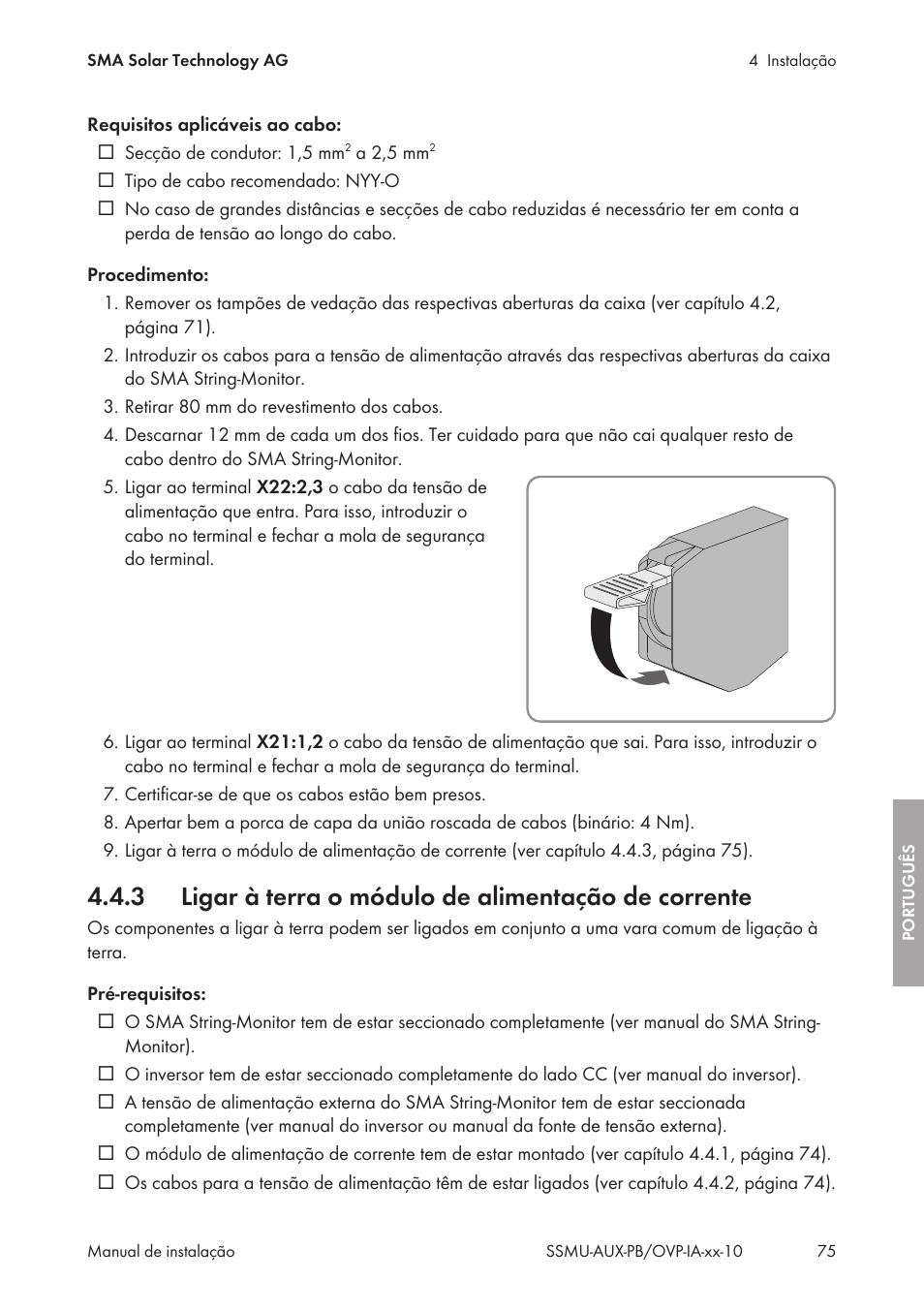 Ligar à terra o módulo de alimentação de corrente | SMA External Supply Voltage 230 V User Manual | Page 75 / 144