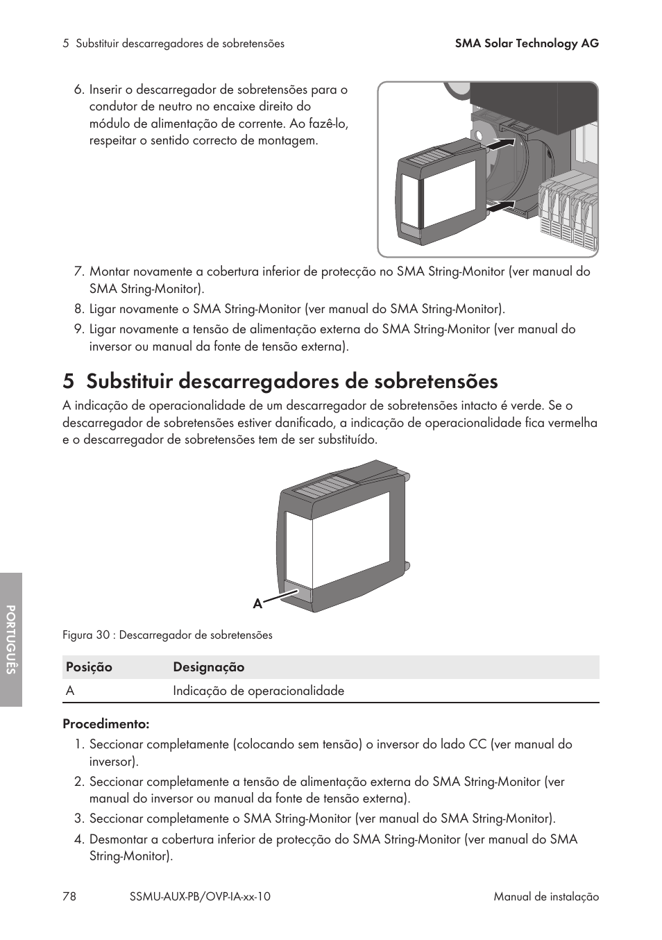 5 substituir descarregadores de sobretensões, Substituir descarregadores de sobretensões | SMA External Supply Voltage 230 V User Manual | Page 78 / 144