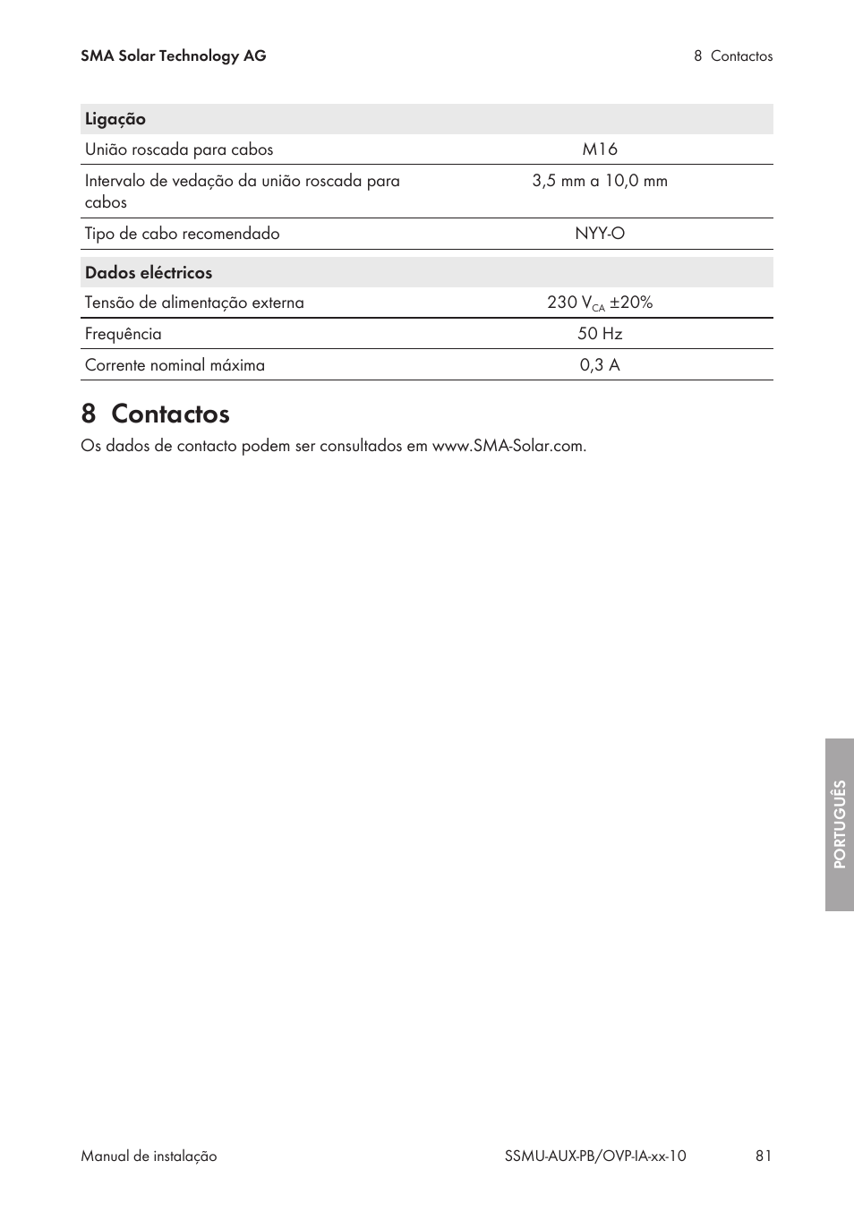 8 contactos, Contactos | SMA External Supply Voltage 230 V User Manual | Page 81 / 144