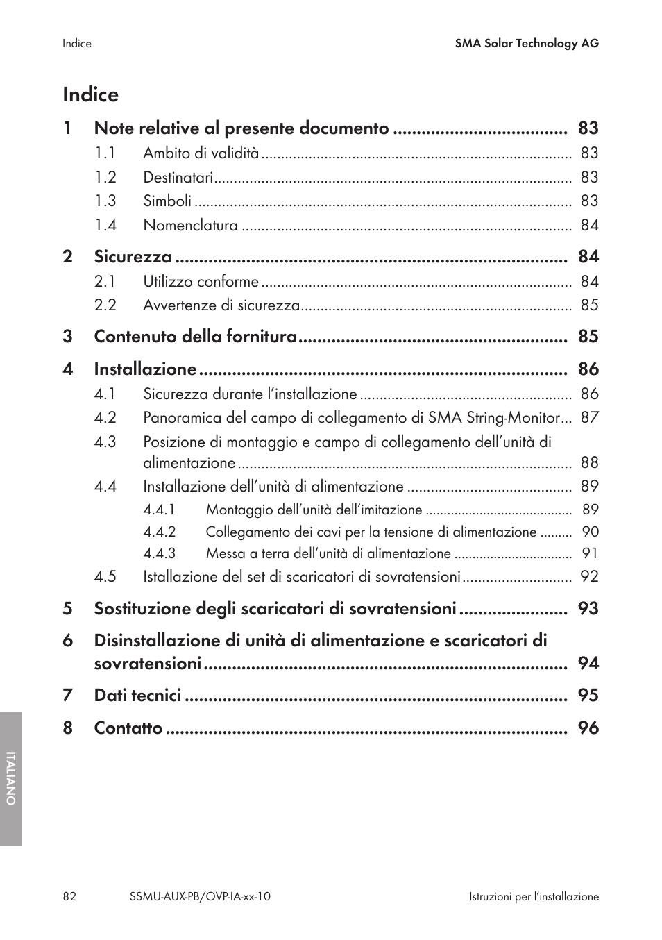 Indice | SMA External Supply Voltage 230 V User Manual | Page 82 / 144