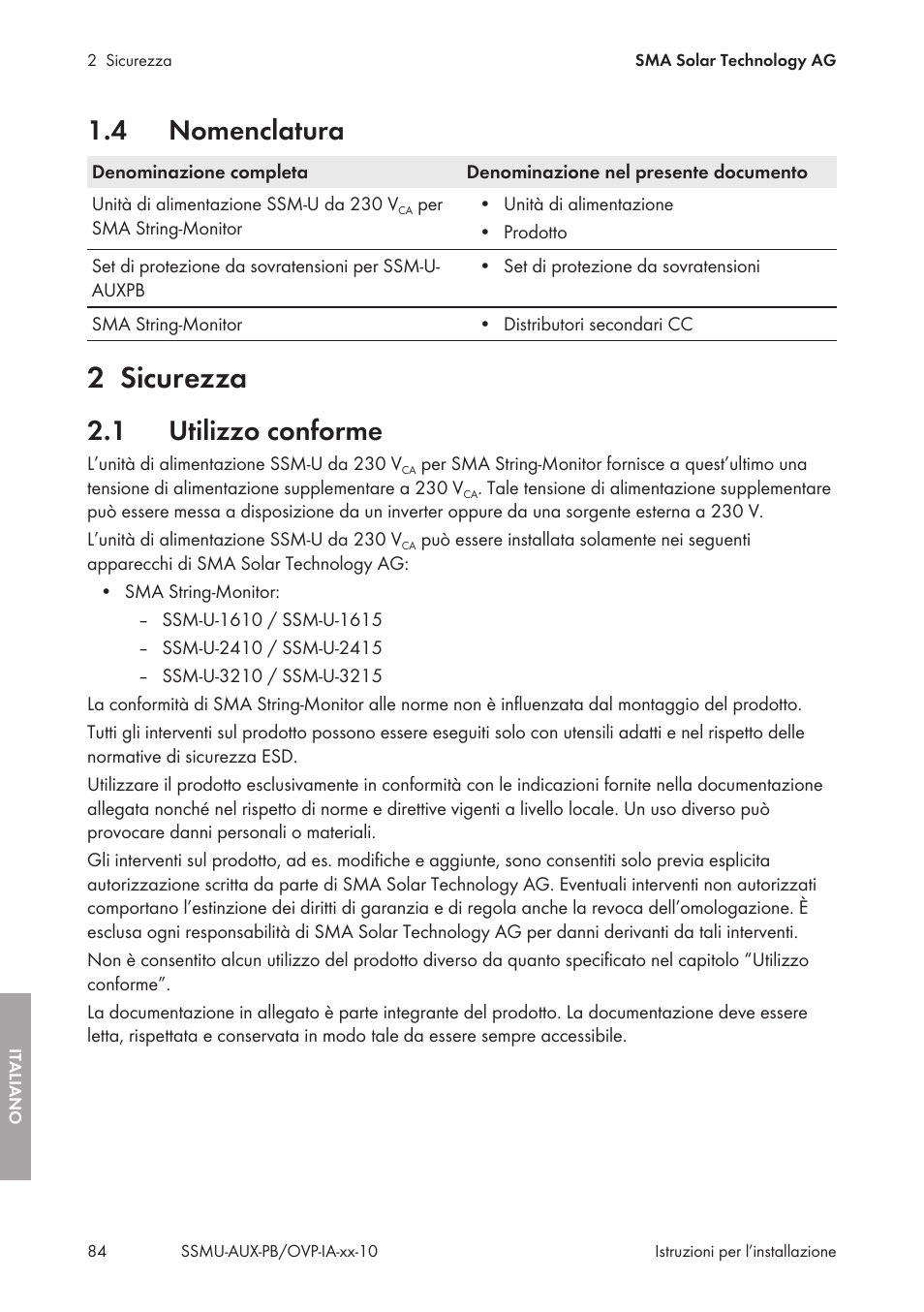 4 nomenclatura, 2 sicurezza, 1 utilizzo conforme | Nomenclatura, Sicurezza, Utilizzo conforme | SMA External Supply Voltage 230 V User Manual | Page 84 / 144