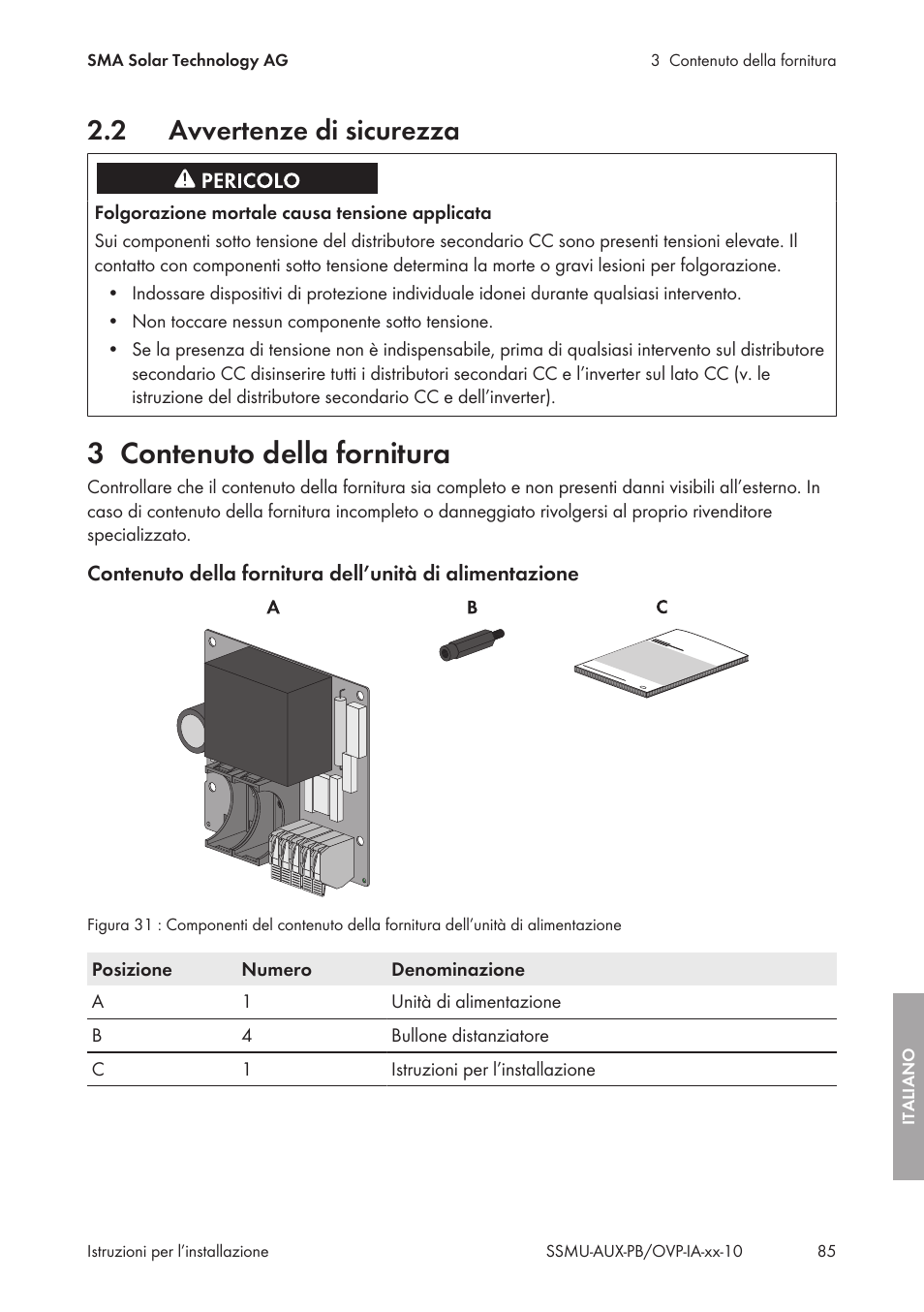2 avvertenze di sicurezza, 3 contenuto della fornitura, Avvertenze di sicurezza | Contenuto della fornitura | SMA External Supply Voltage 230 V User Manual | Page 85 / 144