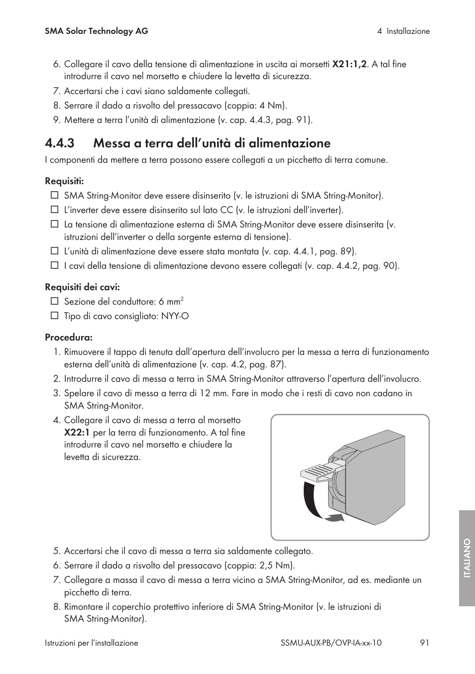 3 messa a terra dell’unità di alimentazione, Messa a terra dell’unità di alimentazione | SMA External Supply Voltage 230 V User Manual | Page 91 / 144
