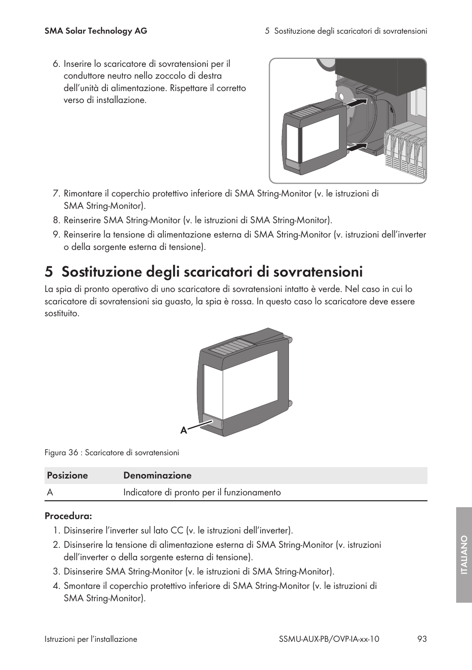 5 sostituzione degli scaricatori di sovratensioni, Sostituzione degli scaricatori di sovratensioni | SMA External Supply Voltage 230 V User Manual | Page 93 / 144
