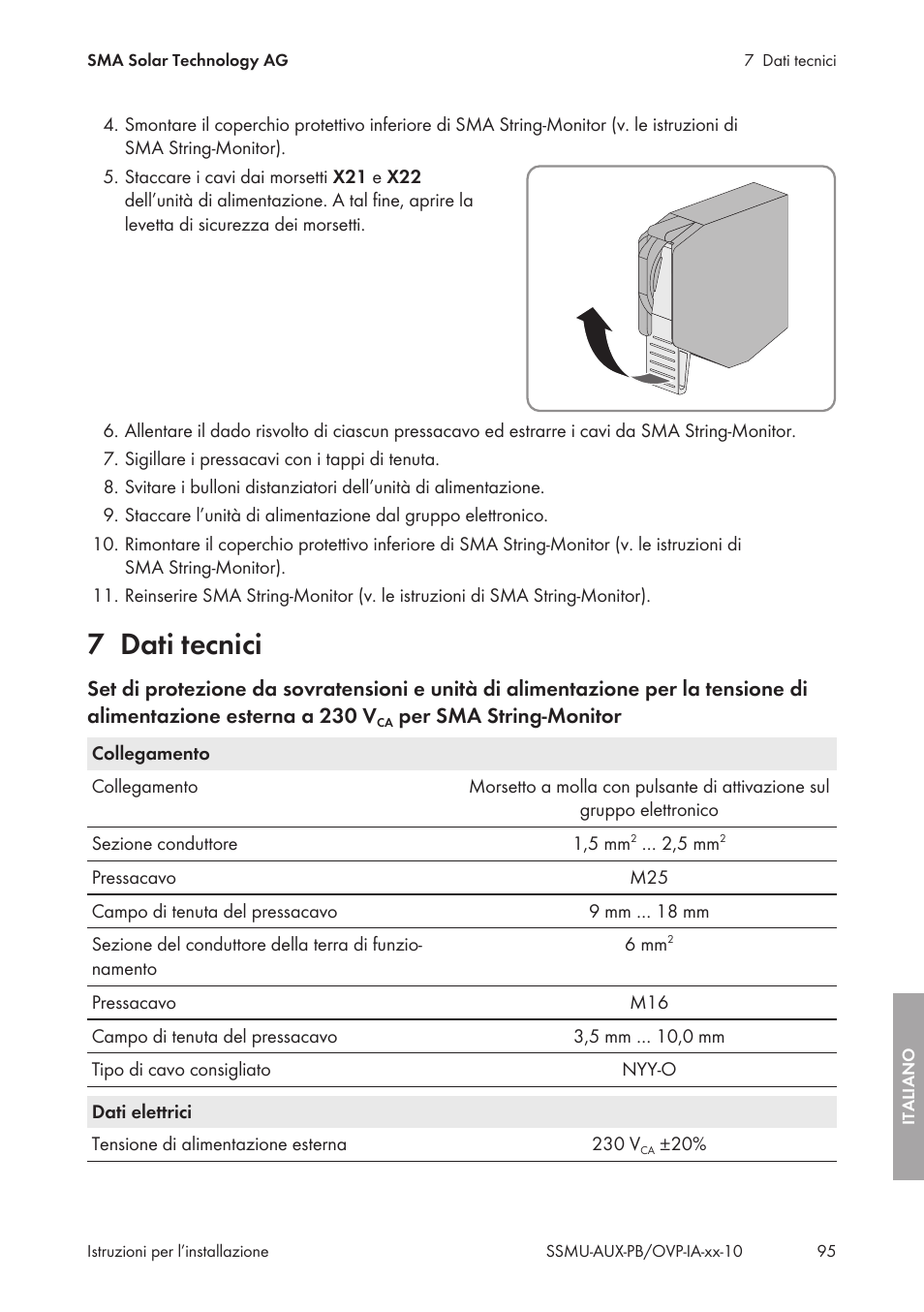 7 dati tecnici, Dati tecnici | SMA External Supply Voltage 230 V User Manual | Page 95 / 144