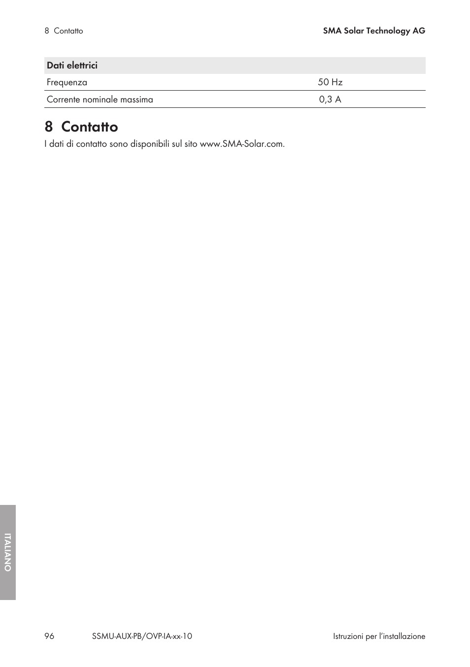 8 contatto, Contatto | SMA External Supply Voltage 230 V User Manual | Page 96 / 144