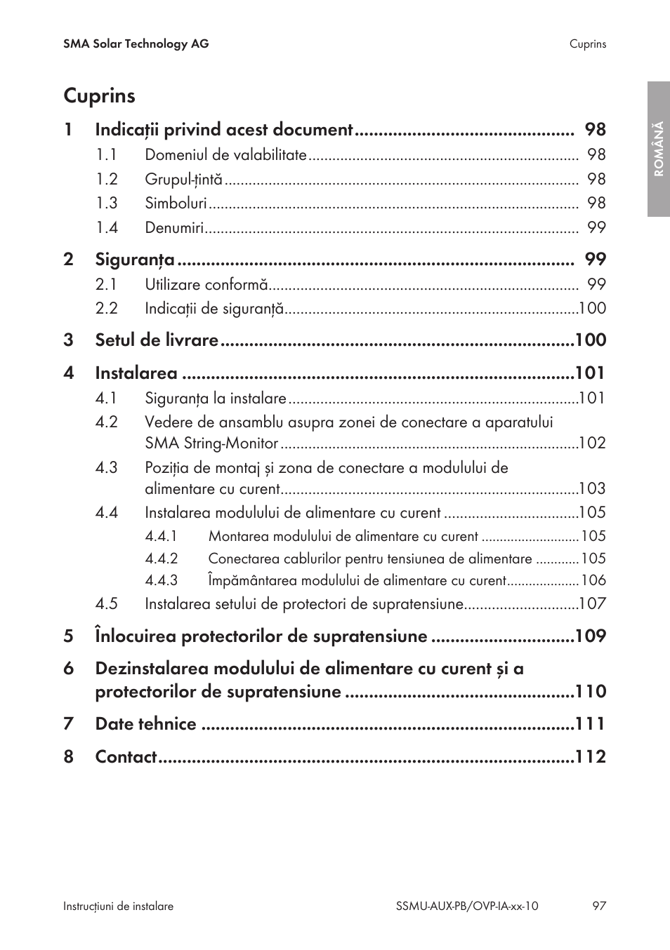 Cuprins | SMA External Supply Voltage 230 V User Manual | Page 97 / 144