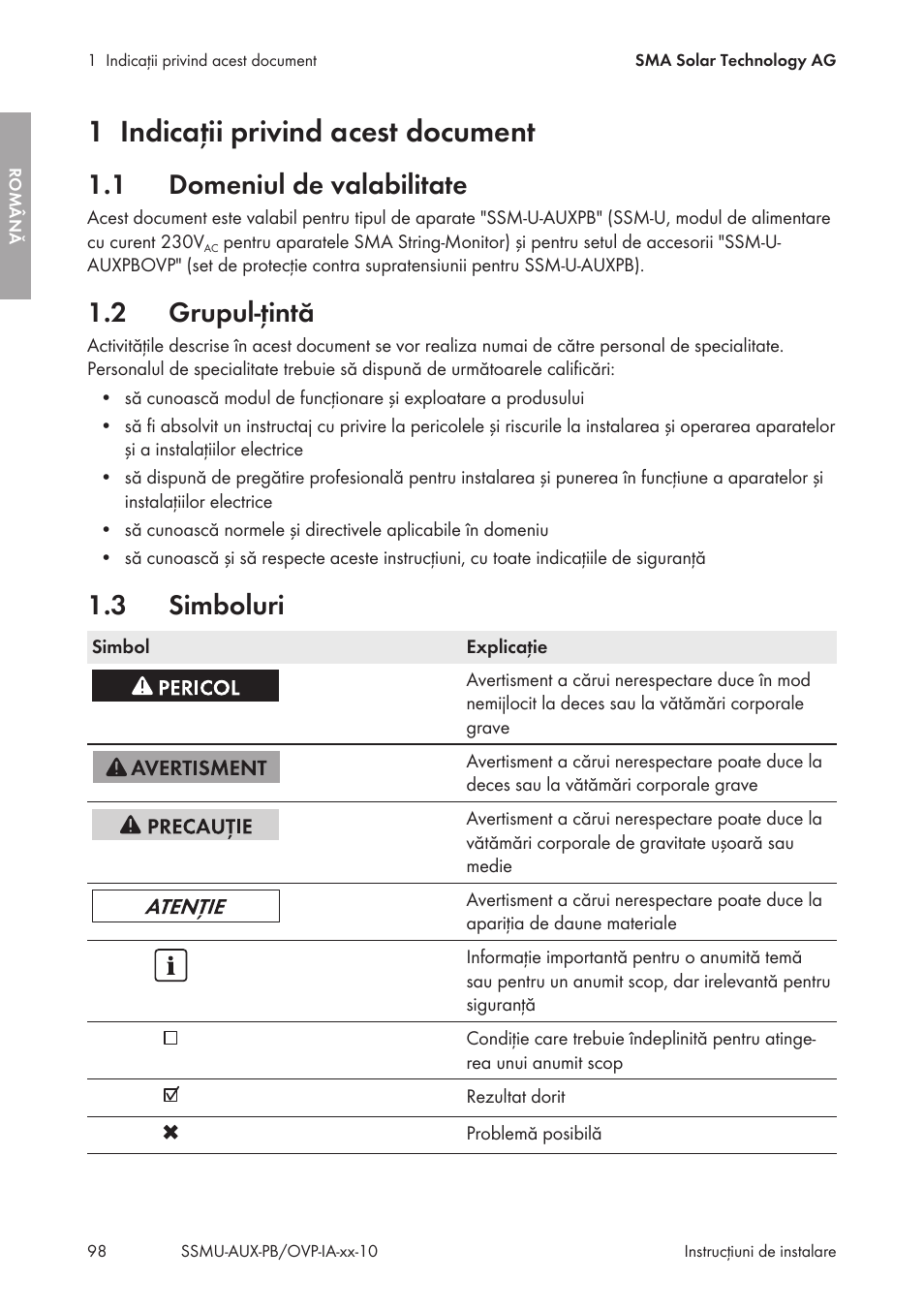 1 indicaţii privind acest document, 1 domeniul de valabilitate, 2 grupul-ţintă | 3 simboluri, Indicaţii privind acest document, Domeniul de valabilitate, Grupul-ţintă, Simboluri | SMA External Supply Voltage 230 V User Manual | Page 98 / 144