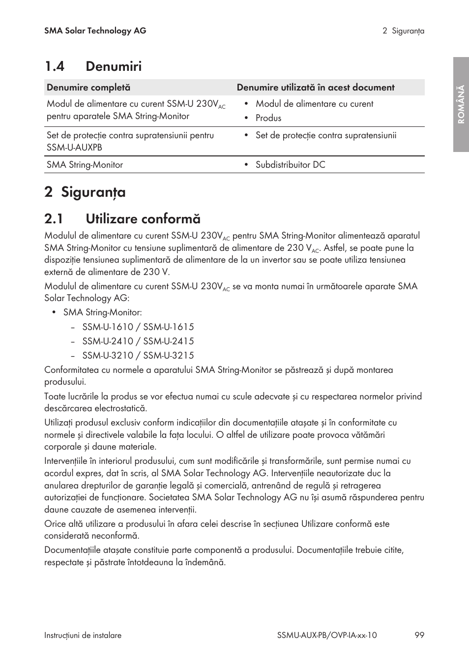 4 denumiri, 2 siguranţa, 1 utilizare conformă | Denumiri, Siguranţa, Utilizare conformă | SMA External Supply Voltage 230 V User Manual | Page 99 / 144