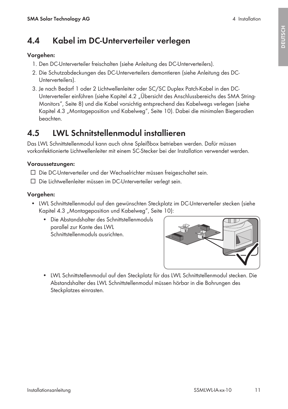 4 kabel im dc-unterverteiler verlegen, 5 lwl schnitstellenmodul installieren, Kabel im dc-unterverteiler verlegen | Lwl schnitstellenmodul installieren | SMA String-Monitors Optical Fiber Interface Module User Manual | Page 11 / 124