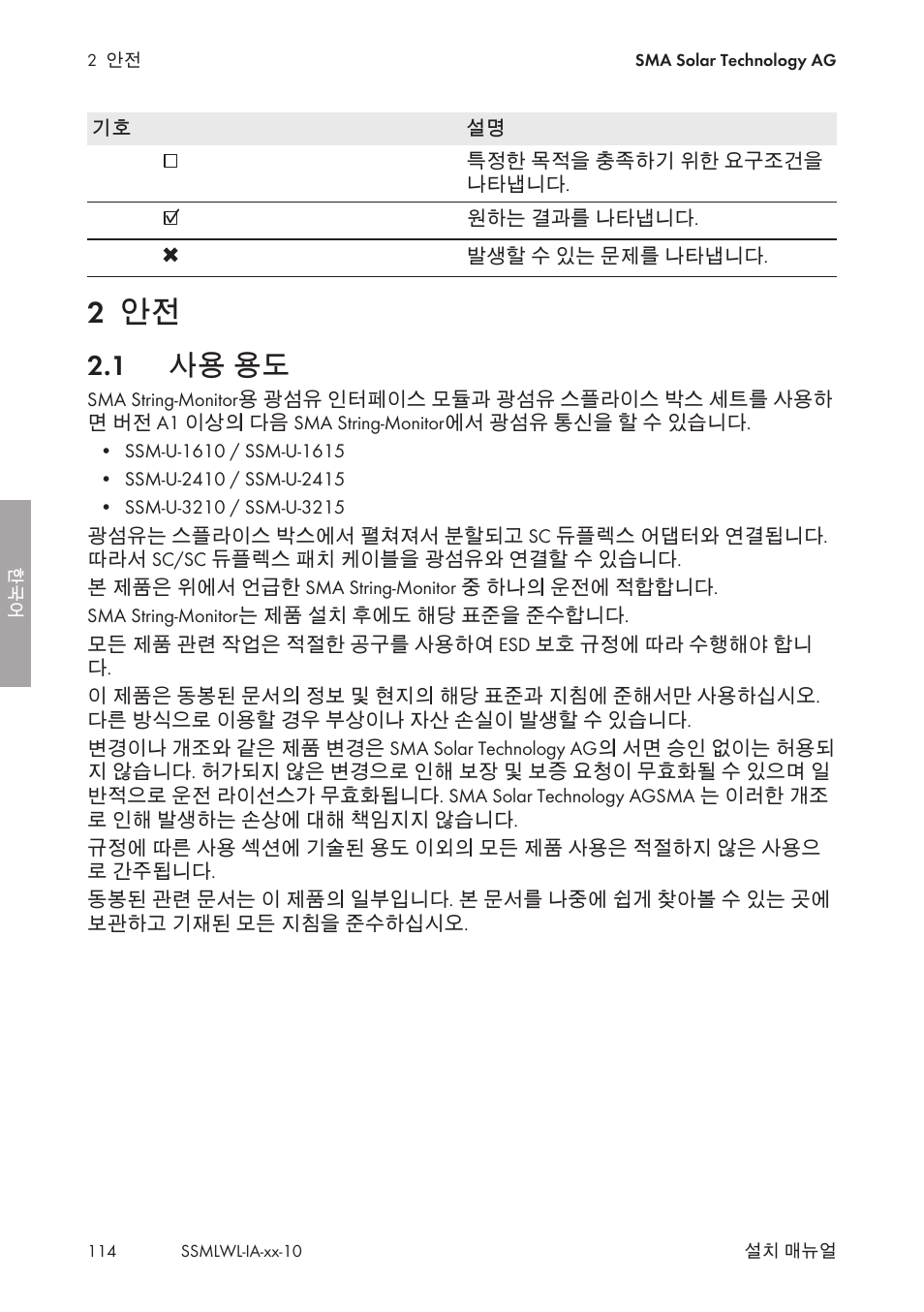 2 안전, 1 사용 용도, 사용 용도 | SMA String-Monitors Optical Fiber Interface Module User Manual | Page 114 / 124