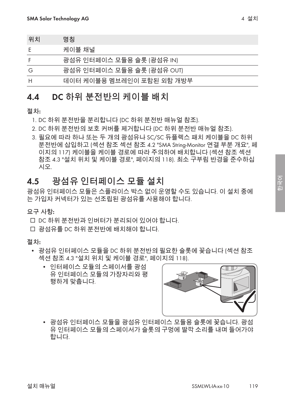 4 dc 하위 분전반의 케이블 배치, 5 광섬유 인터페이스 모듈 설치, Dc 하위 분전반의 케이블 배치 | 광섬유 인터페이스 모듈 설치 | SMA String-Monitors Optical Fiber Interface Module User Manual | Page 119 / 124