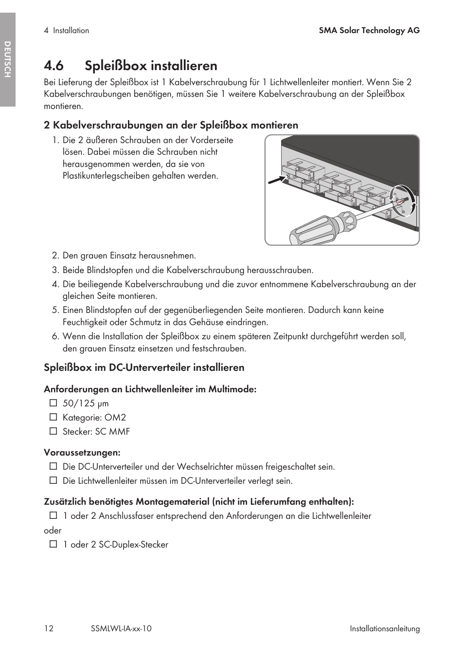 6 spleißbox installieren, Spleißbox installieren | SMA String-Monitors Optical Fiber Interface Module User Manual | Page 12 / 124