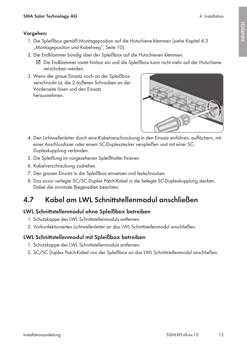 7 kabel am lwl schnittstellenmodul anschließen, Kabel am lwl schnittstellenmodul anschließen | SMA String-Monitors Optical Fiber Interface Module User Manual | Page 13 / 124