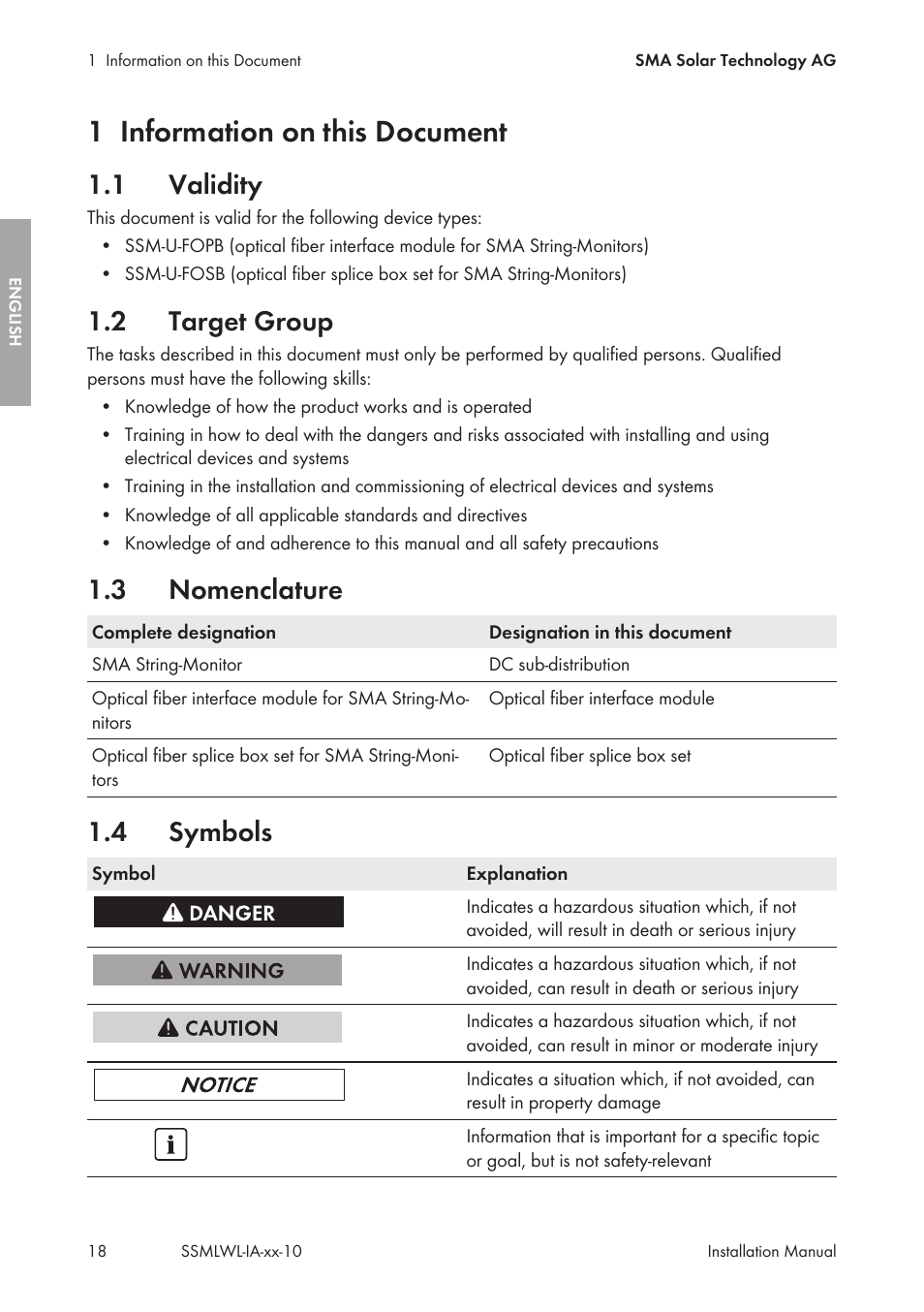 1 information on this document, 1 validity, 2 target group | 3 nomenclature, 4 symbols, Information on this document, Validity, Target group, Nomenclature, Symbols | SMA String-Monitors Optical Fiber Interface Module User Manual | Page 18 / 124