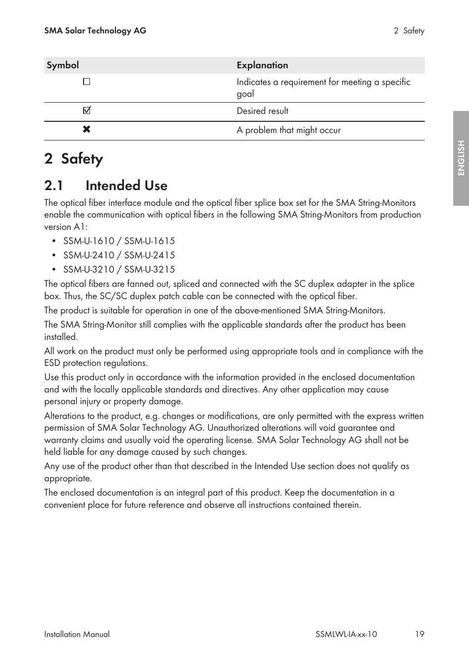 2 safety, 1 intended use, Safety | Intended use | SMA String-Monitors Optical Fiber Interface Module User Manual | Page 19 / 124