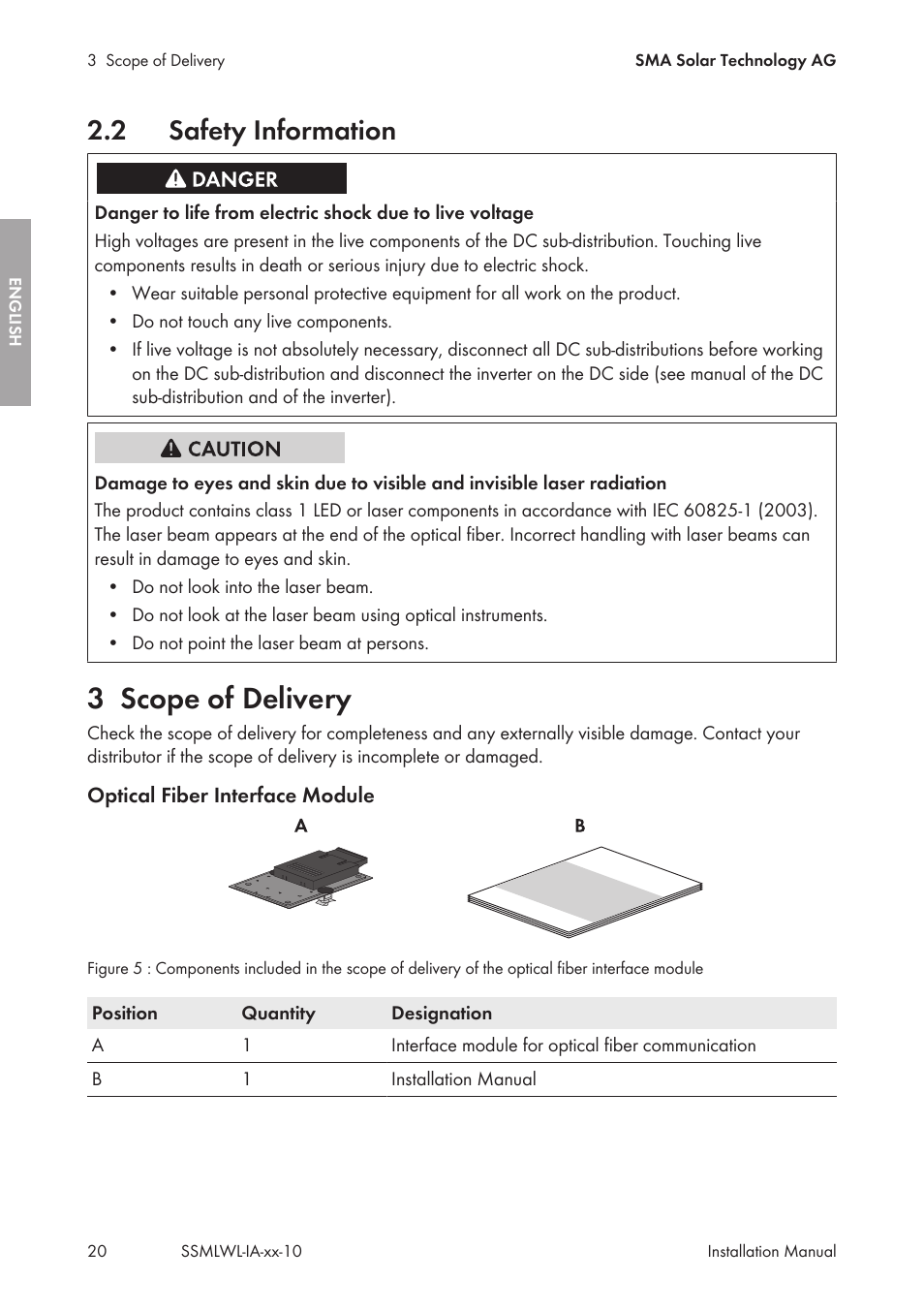 2 safety information, 3 scope of delivery, Safety information | Scope of delivery | SMA String-Monitors Optical Fiber Interface Module User Manual | Page 20 / 124