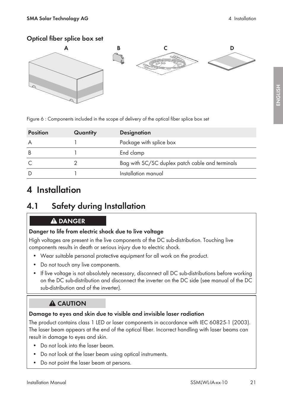 4 installation, 1 safety during installation, Installation | Safety during installation | SMA String-Monitors Optical Fiber Interface Module User Manual | Page 21 / 124