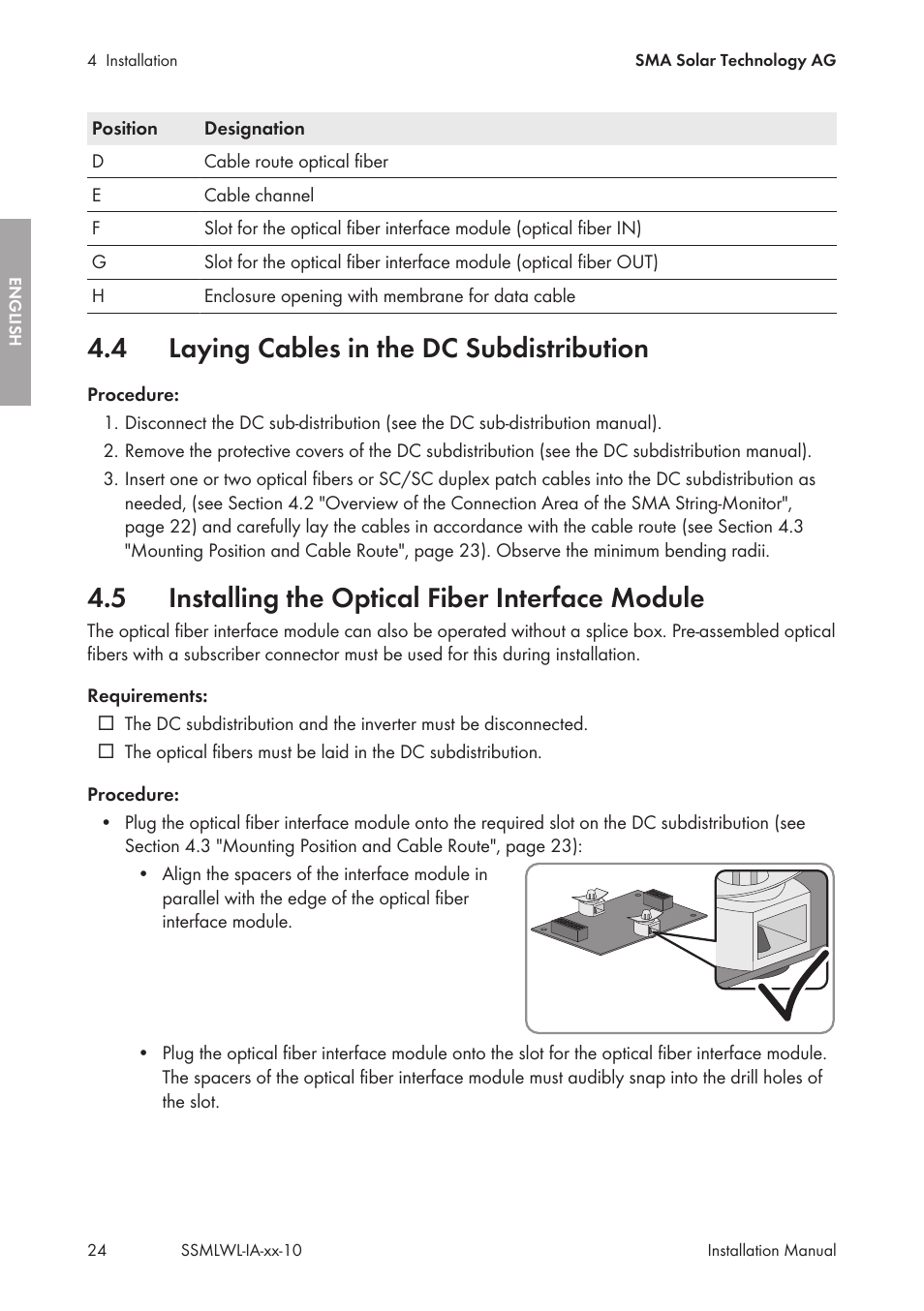 4 laying cables in the dc subdistribution, 5 installing the optical fiber interface module, Laying cables in the dc subdistribution | Installing the optical fiber interface module | SMA String-Monitors Optical Fiber Interface Module User Manual | Page 24 / 124