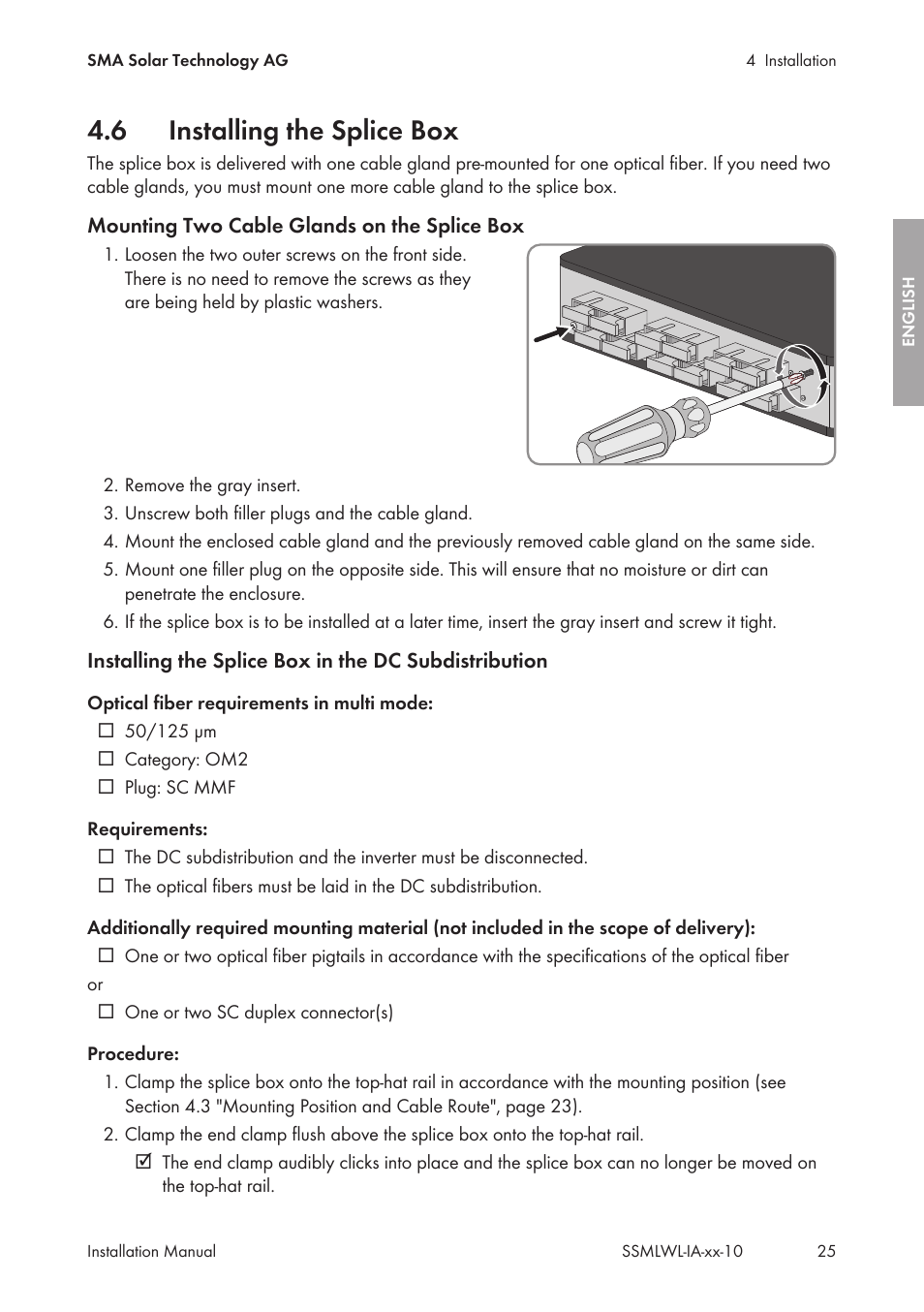 6 installing the splice box, Installing the splice box | SMA String-Monitors Optical Fiber Interface Module User Manual | Page 25 / 124