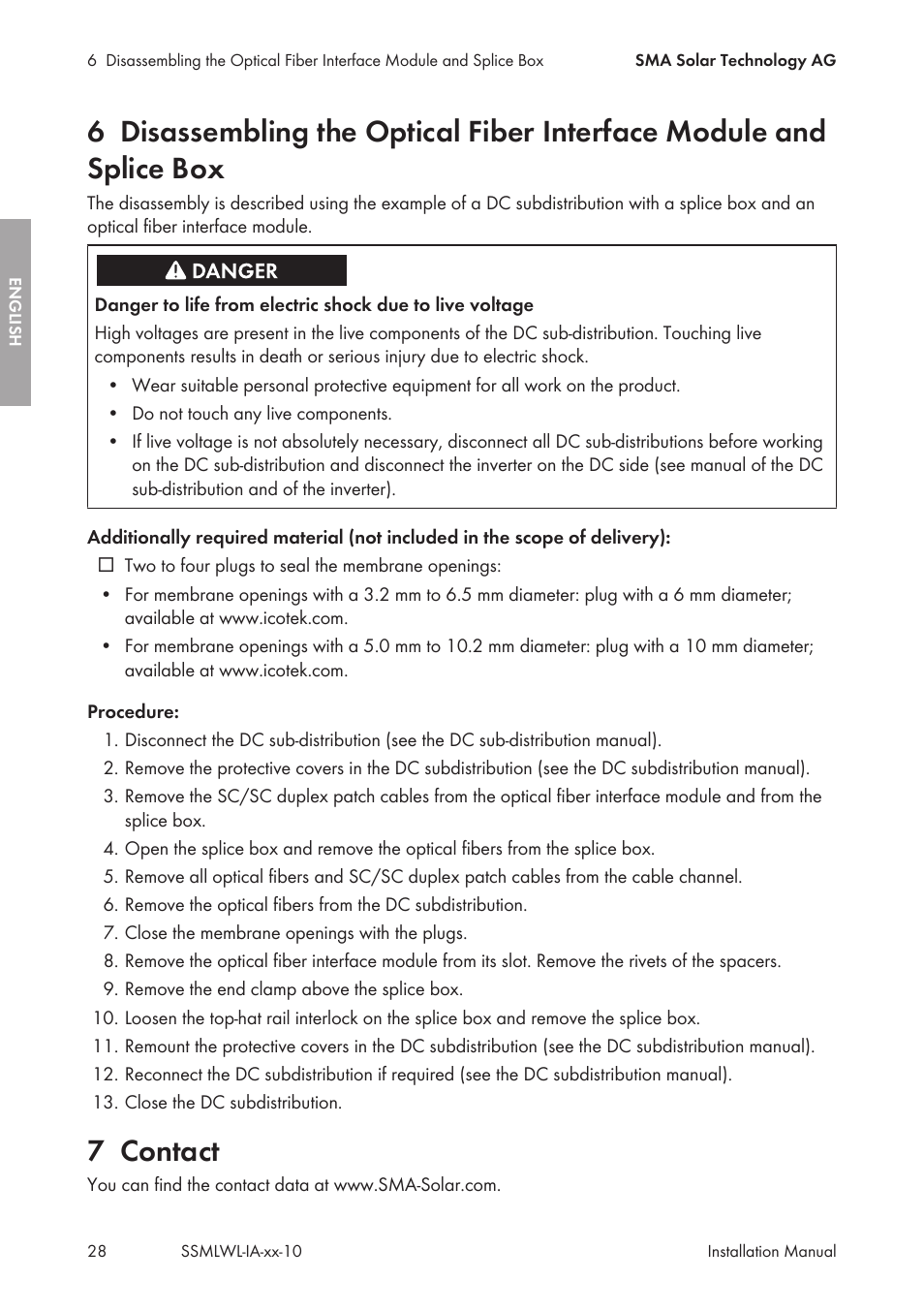 7 contact, Contact | SMA String-Monitors Optical Fiber Interface Module User Manual | Page 28 / 124