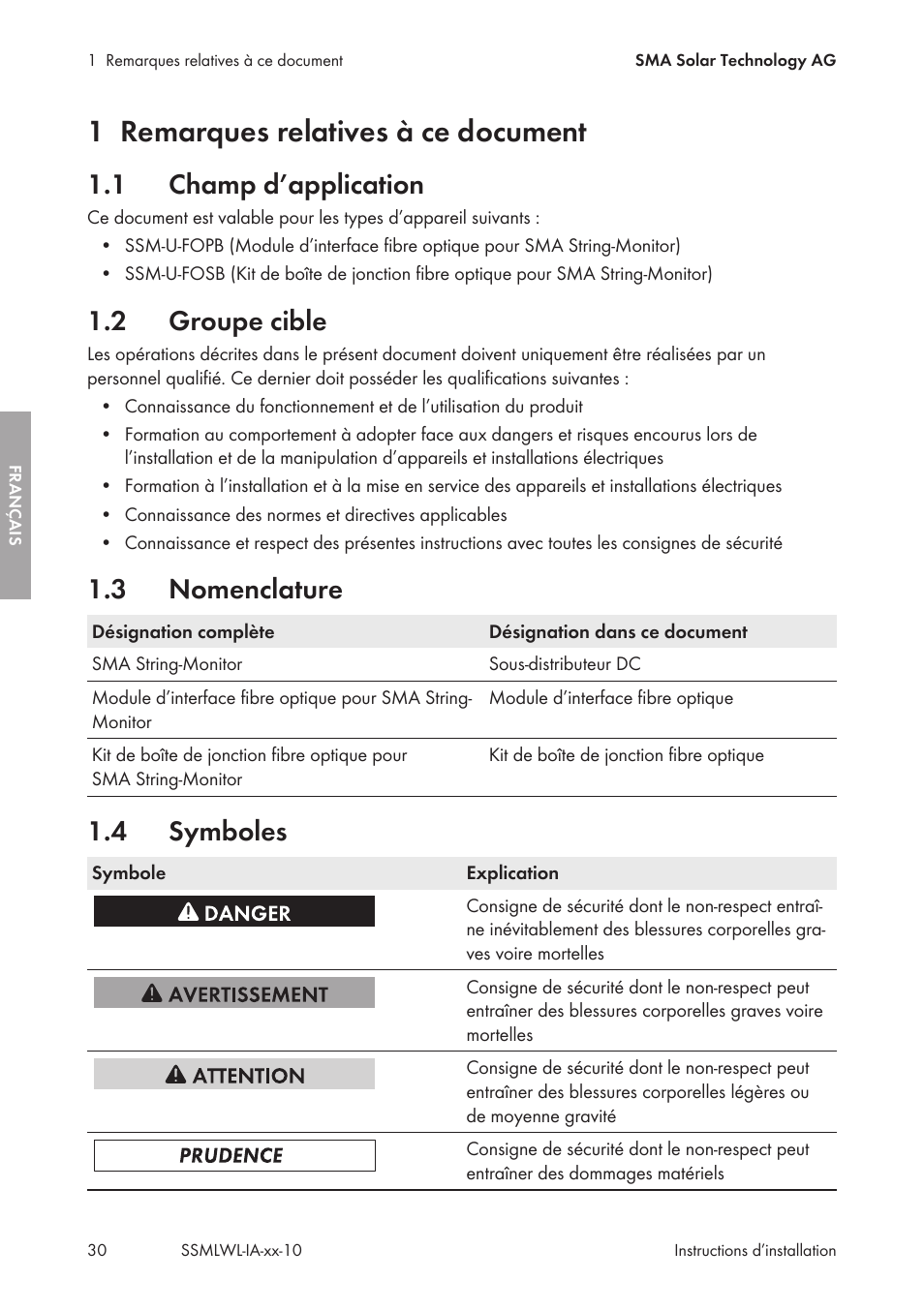 1 remarques relatives à ce document, 1 champ d’application, 2 groupe cible | 3 nomenclature, 4 symboles, Remarques relatives à ce document, Champ d’application, Groupe cible, Nomenclature, Symboles | SMA String-Monitors Optical Fiber Interface Module User Manual | Page 30 / 124