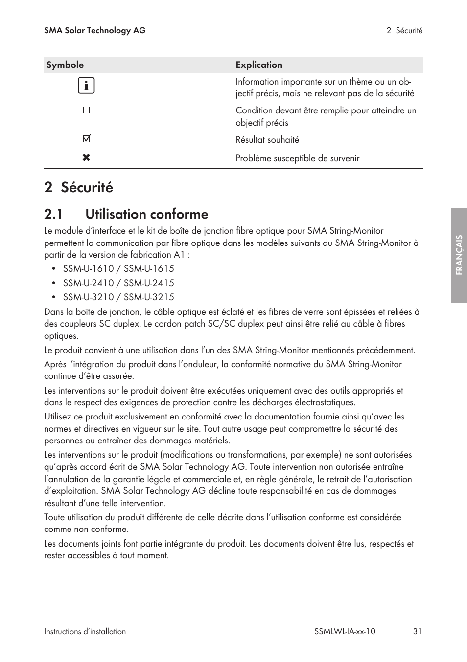 2 sécurité, 1 utilisation conforme, Sécurité | Utilisation conforme | SMA String-Monitors Optical Fiber Interface Module User Manual | Page 31 / 124