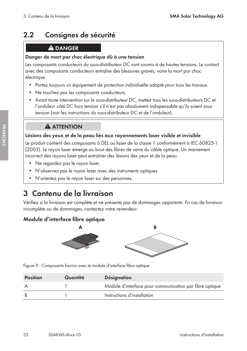 2 consignes de sécurité, 3 contenu de la livraison, Consignes de sécurité | Contenu de la livraison | SMA String-Monitors Optical Fiber Interface Module User Manual | Page 32 / 124