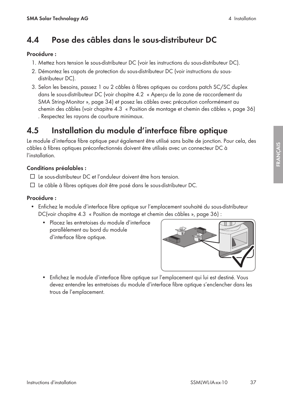 4 pose des câbles dans le sous-distributeur dc, 5 installation du module d’interface fibre optique, Pose des câbles dans le sous-distributeur dc | Installation du module d’interface fibre optique | SMA String-Monitors Optical Fiber Interface Module User Manual | Page 37 / 124