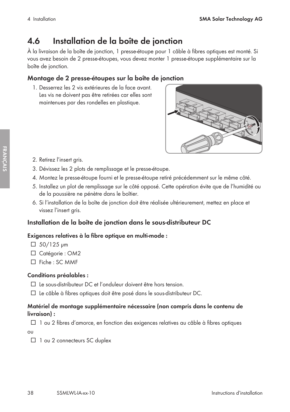 6 installation de la boîte de jonction, Installation de la boîte de jonction | SMA String-Monitors Optical Fiber Interface Module User Manual | Page 38 / 124