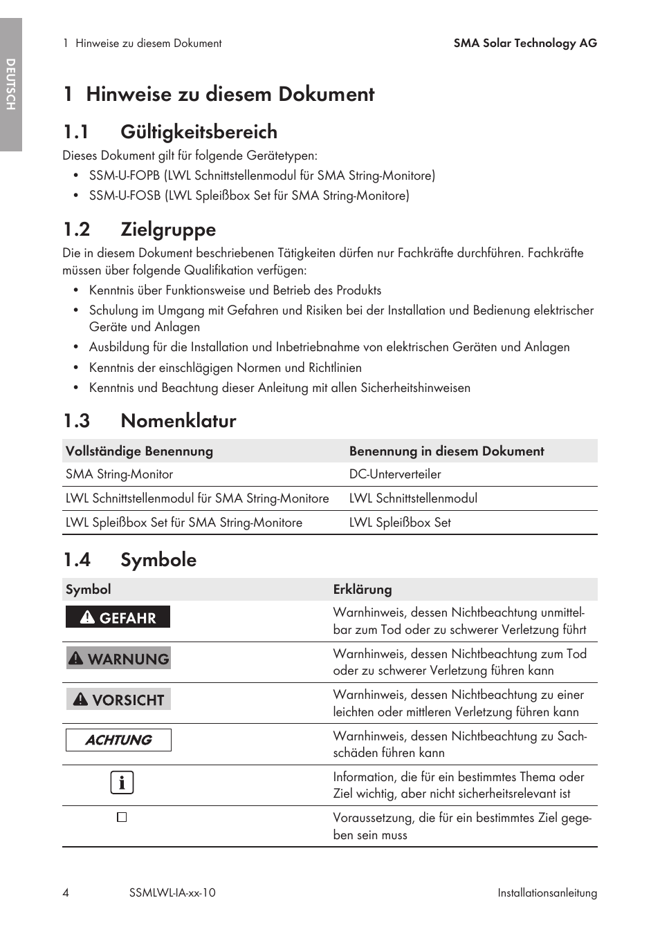 1 hinweise zu diesem dokument, 1 gültigkeitsbereich, 2 zielgruppe | 3 nomenklatur, 4 symbole, Hinweise zu diesem dokument, Gültigkeitsbereich, Zielgruppe, Nomenklatur, Symbole | SMA String-Monitors Optical Fiber Interface Module User Manual | Page 4 / 124