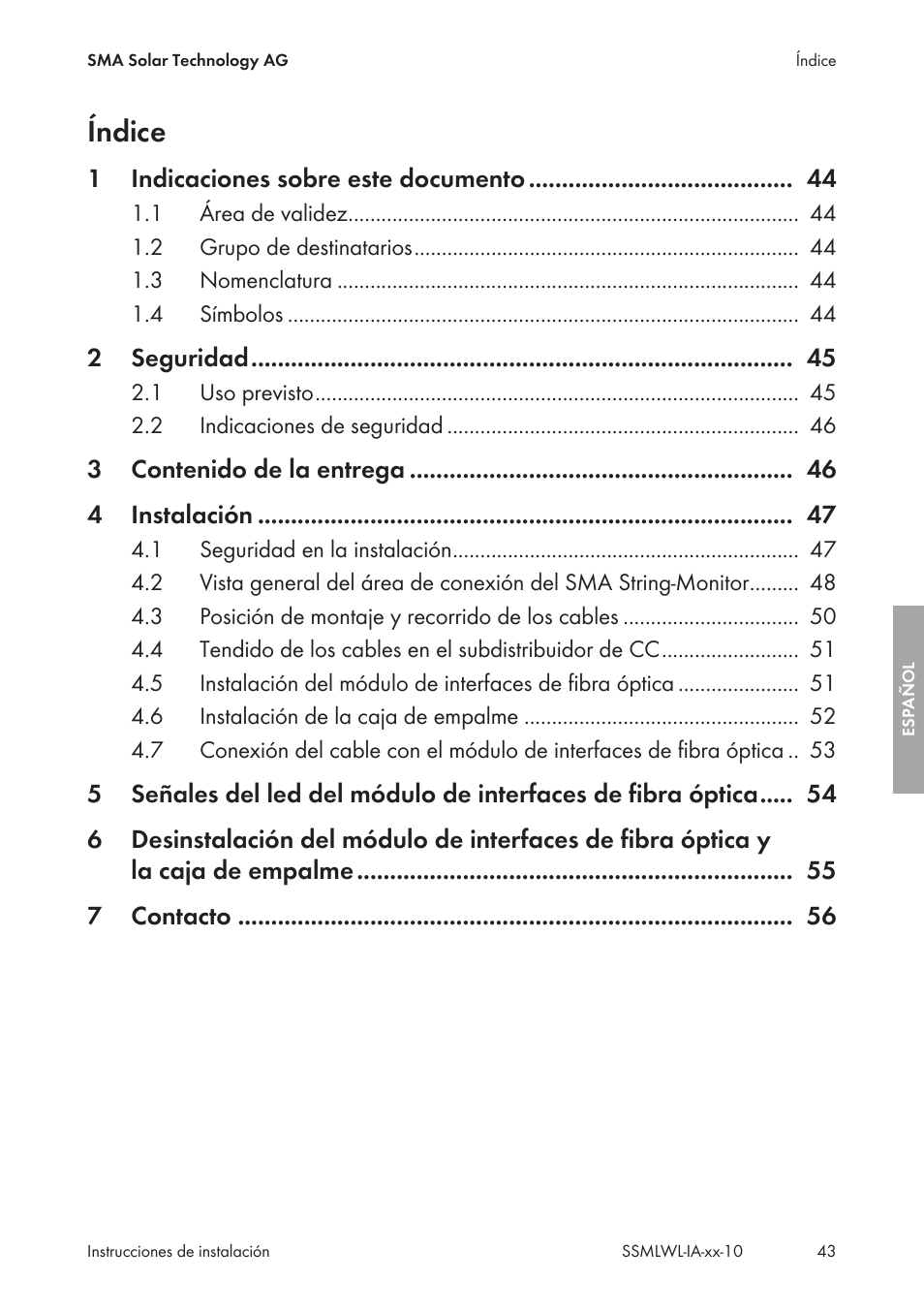 Índice | SMA String-Monitors Optical Fiber Interface Module User Manual | Page 43 / 124