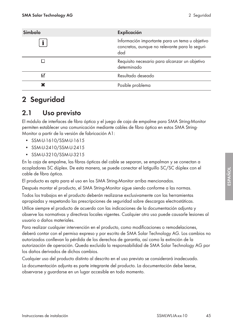 2 seguridad, 1 uso previsto, Seguridad | Uso previsto | SMA String-Monitors Optical Fiber Interface Module User Manual | Page 45 / 124