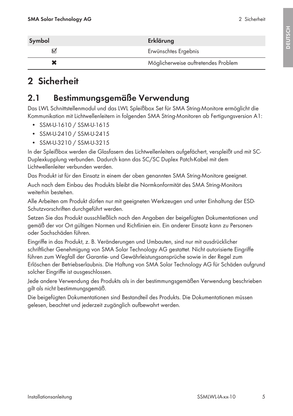 2 sicherheit, 1 bestimmungsgemäße verwendung, Sicherheit | Bestimmungsgemäße verwendung | SMA String-Monitors Optical Fiber Interface Module User Manual | Page 5 / 124