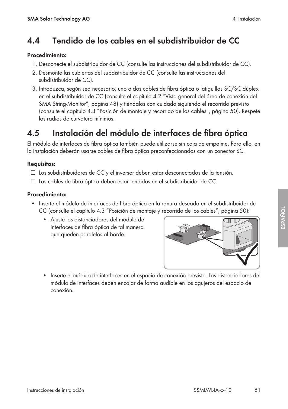 Tendido de los cables en el subdistribuidor de cc | SMA String-Monitors Optical Fiber Interface Module User Manual | Page 51 / 124