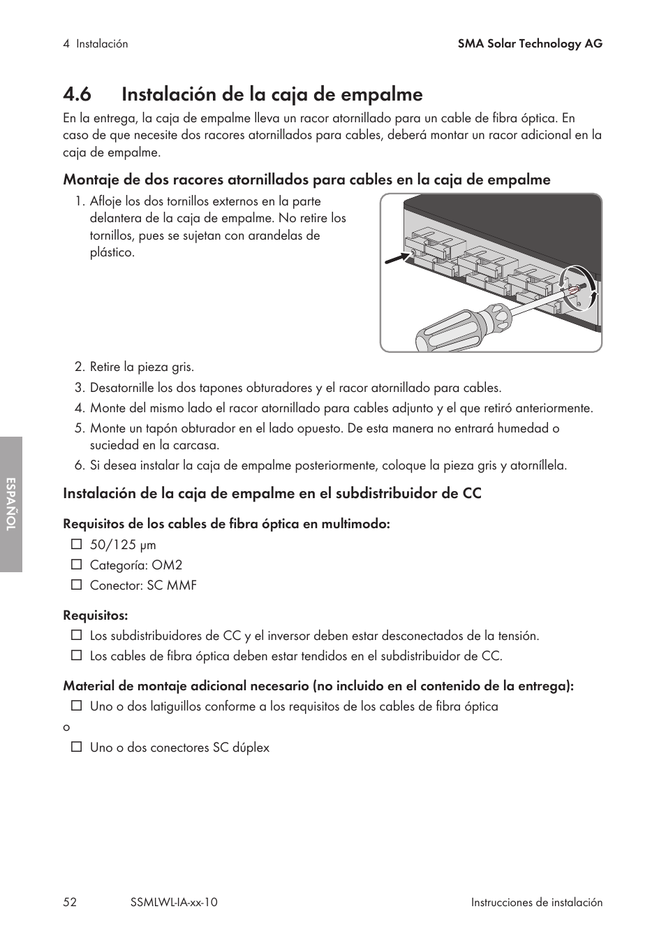 6 instalación de la caja de empalme, Instalación de la caja de empalme | SMA String-Monitors Optical Fiber Interface Module User Manual | Page 52 / 124