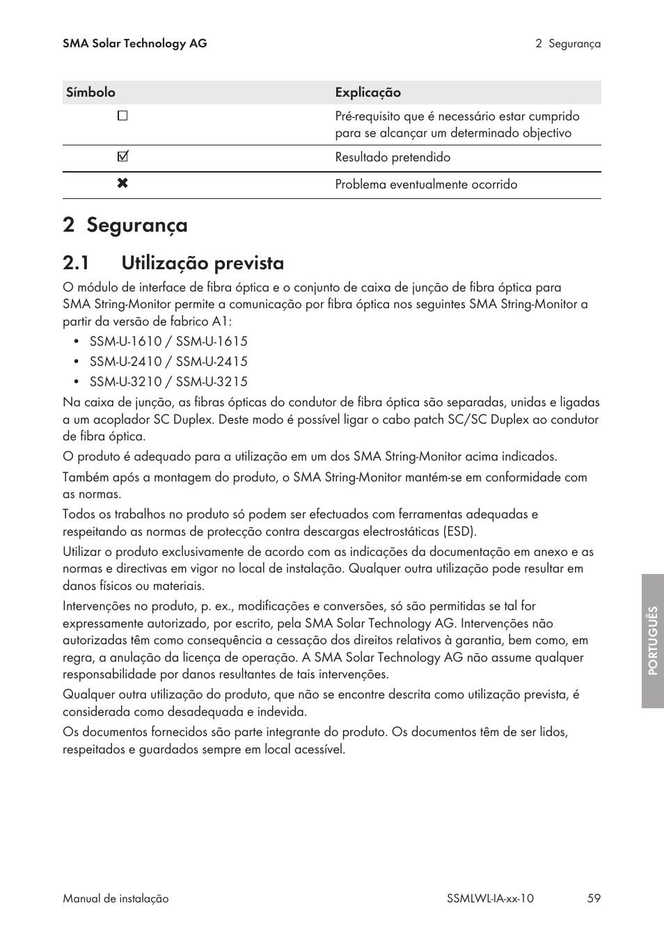 2 segurança, 1 utilização prevista, Segurança | Utilização prevista | SMA String-Monitors Optical Fiber Interface Module User Manual | Page 59 / 124