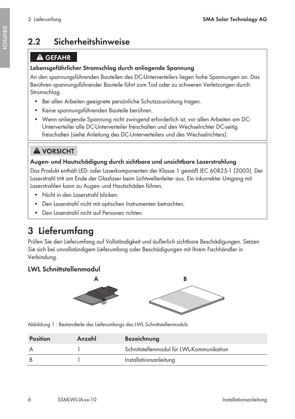 2 sicherheitshinweise, 3 lieferumfang, Sicherheitshinweise | Lieferumfang | SMA String-Monitors Optical Fiber Interface Module User Manual | Page 6 / 124