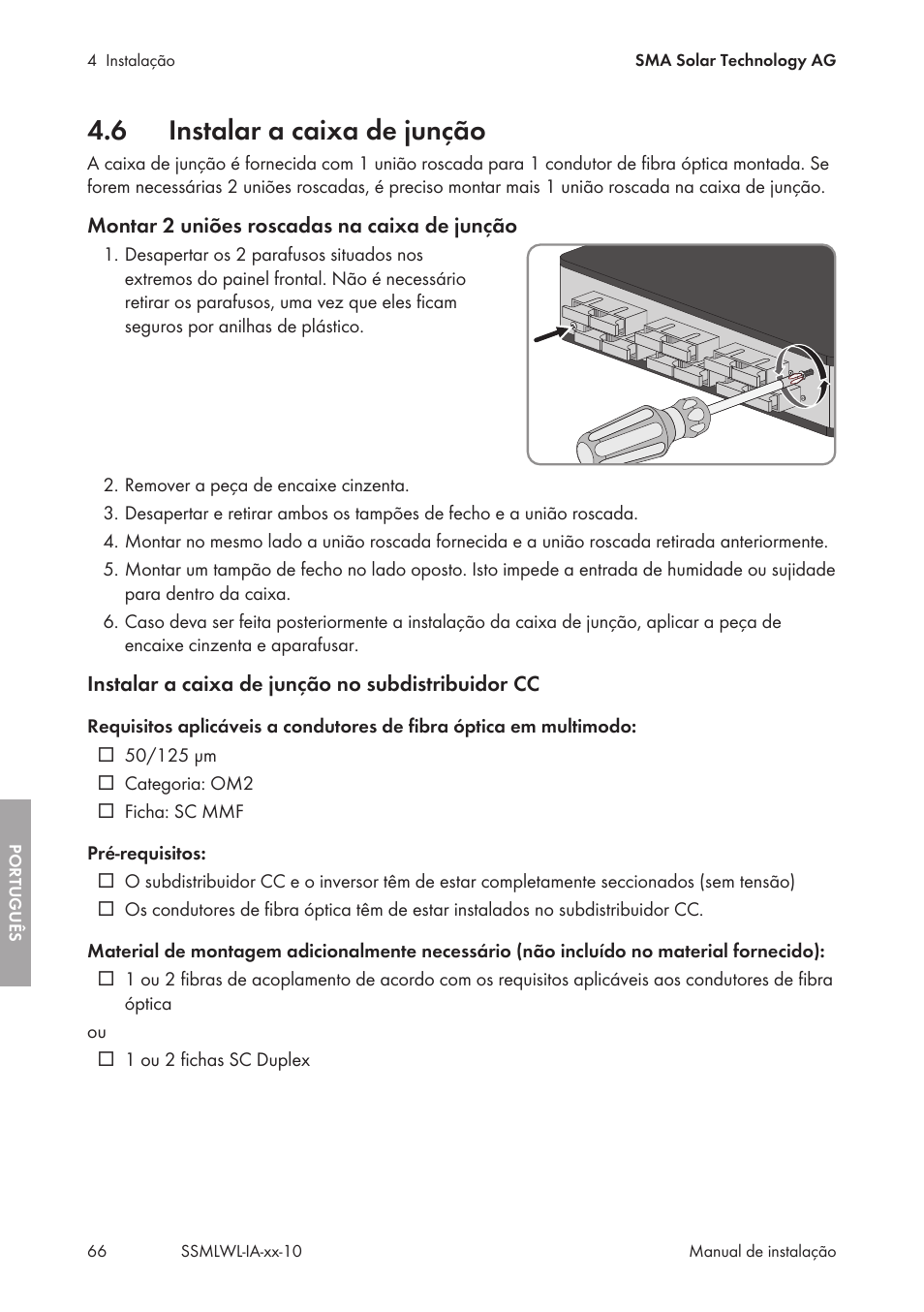 6 instalar a caixa de junção, Instalar a caixa de junção | SMA String-Monitors Optical Fiber Interface Module User Manual | Page 66 / 124