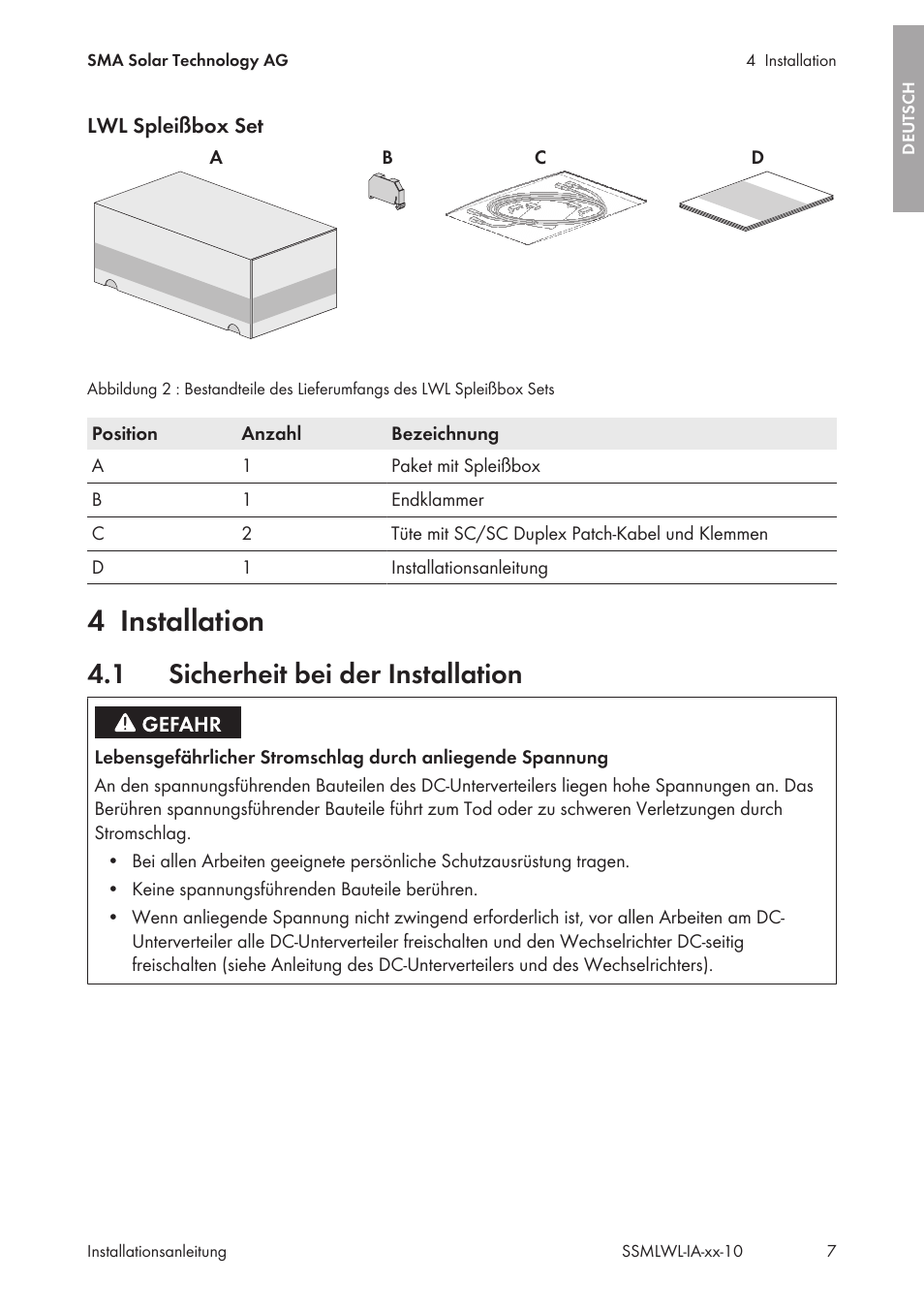 4 installation, 1 sicherheit bei der installation, Installation | Sicherheit bei der installation | SMA String-Monitors Optical Fiber Interface Module User Manual | Page 7 / 124