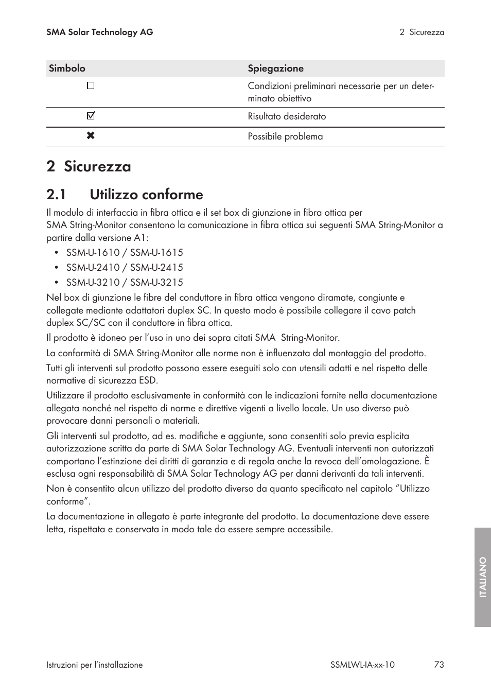 2 sicurezza, 1 utilizzo conforme, Sicurezza | Utilizzo conforme | SMA String-Monitors Optical Fiber Interface Module User Manual | Page 73 / 124