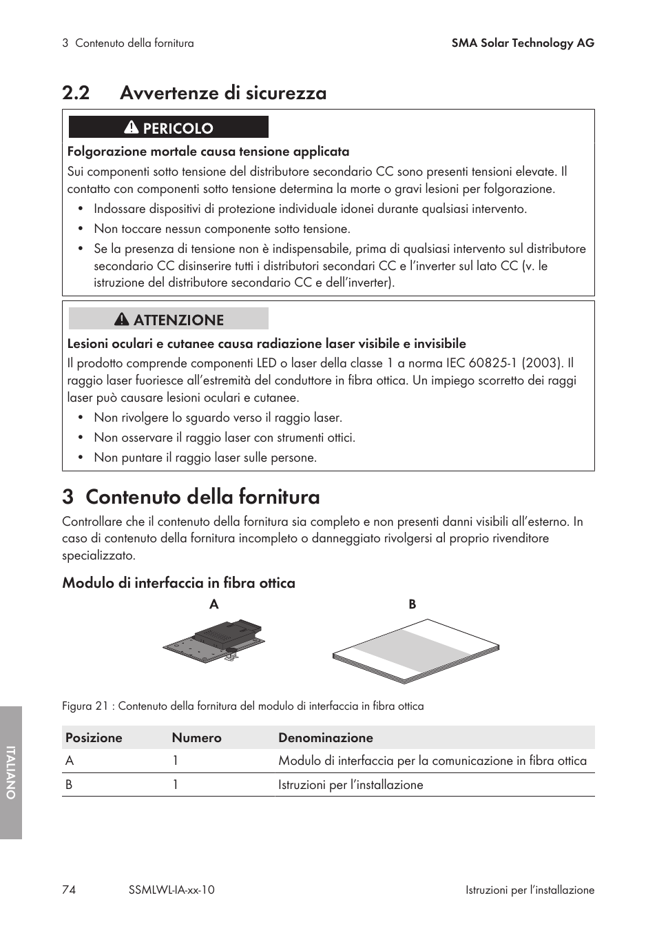 2 avvertenze di sicurezza, 3 contenuto della fornitura, Avvertenze di sicurezza | Contenuto della fornitura | SMA String-Monitors Optical Fiber Interface Module User Manual | Page 74 / 124