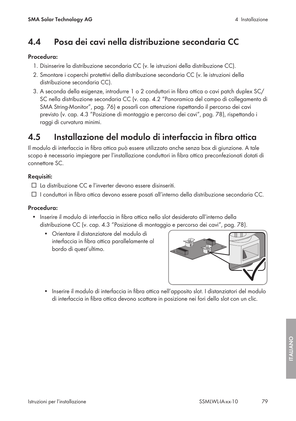 4 posa dei cavi nella distribuzione secondaria cc, Posa dei cavi nella distribuzione secondaria cc | SMA String-Monitors Optical Fiber Interface Module User Manual | Page 79 / 124