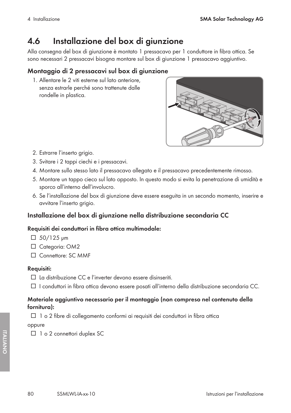 6 installazione del box di giunzione, Installazione del box di giunzione | SMA String-Monitors Optical Fiber Interface Module User Manual | Page 80 / 124