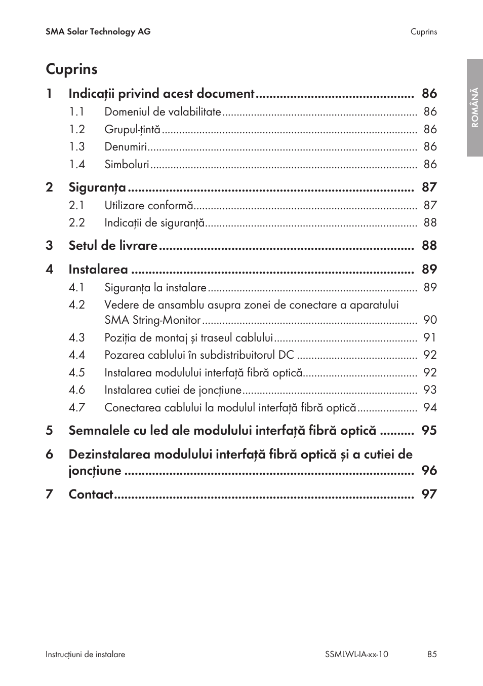 Cuprins | SMA String-Monitors Optical Fiber Interface Module User Manual | Page 85 / 124