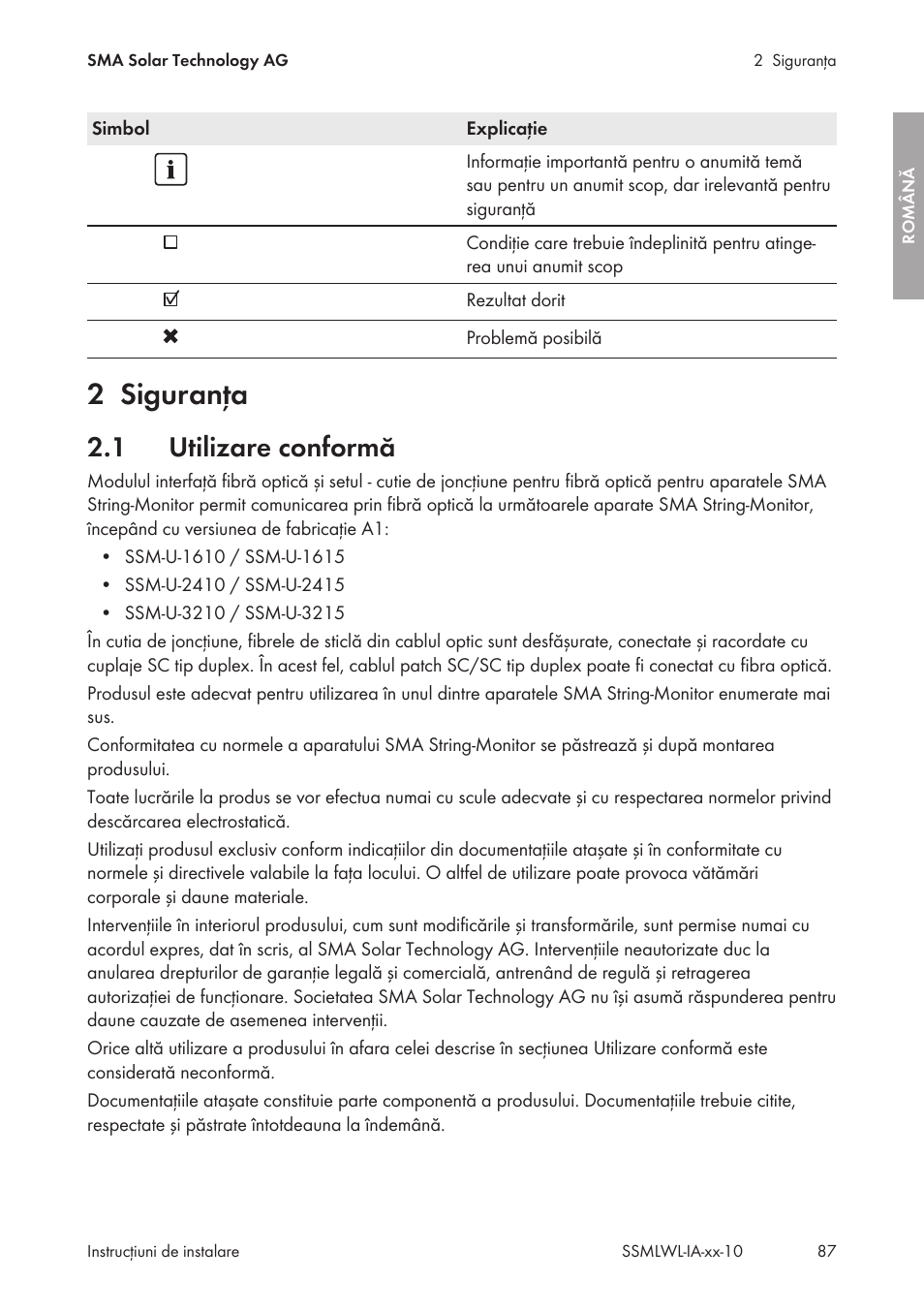 2 siguranţa, 1 utilizare conformă, Siguranţa | Utilizare conformă | SMA String-Monitors Optical Fiber Interface Module User Manual | Page 87 / 124