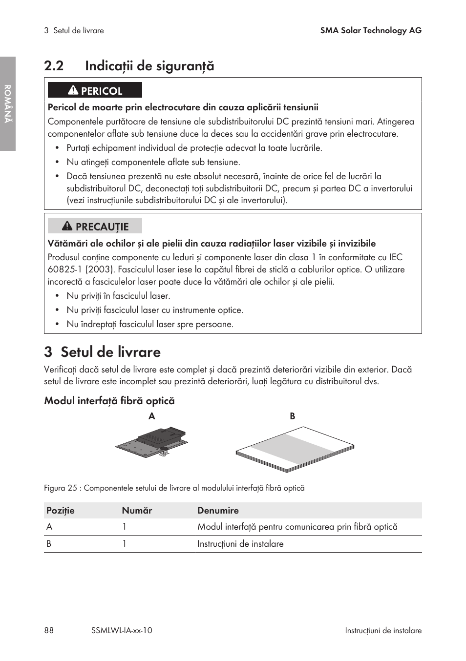 2 indicaţii de siguranţă, 3 setul de livrare, Indicaţii de siguranţă | Setul de livrare | SMA String-Monitors Optical Fiber Interface Module User Manual | Page 88 / 124