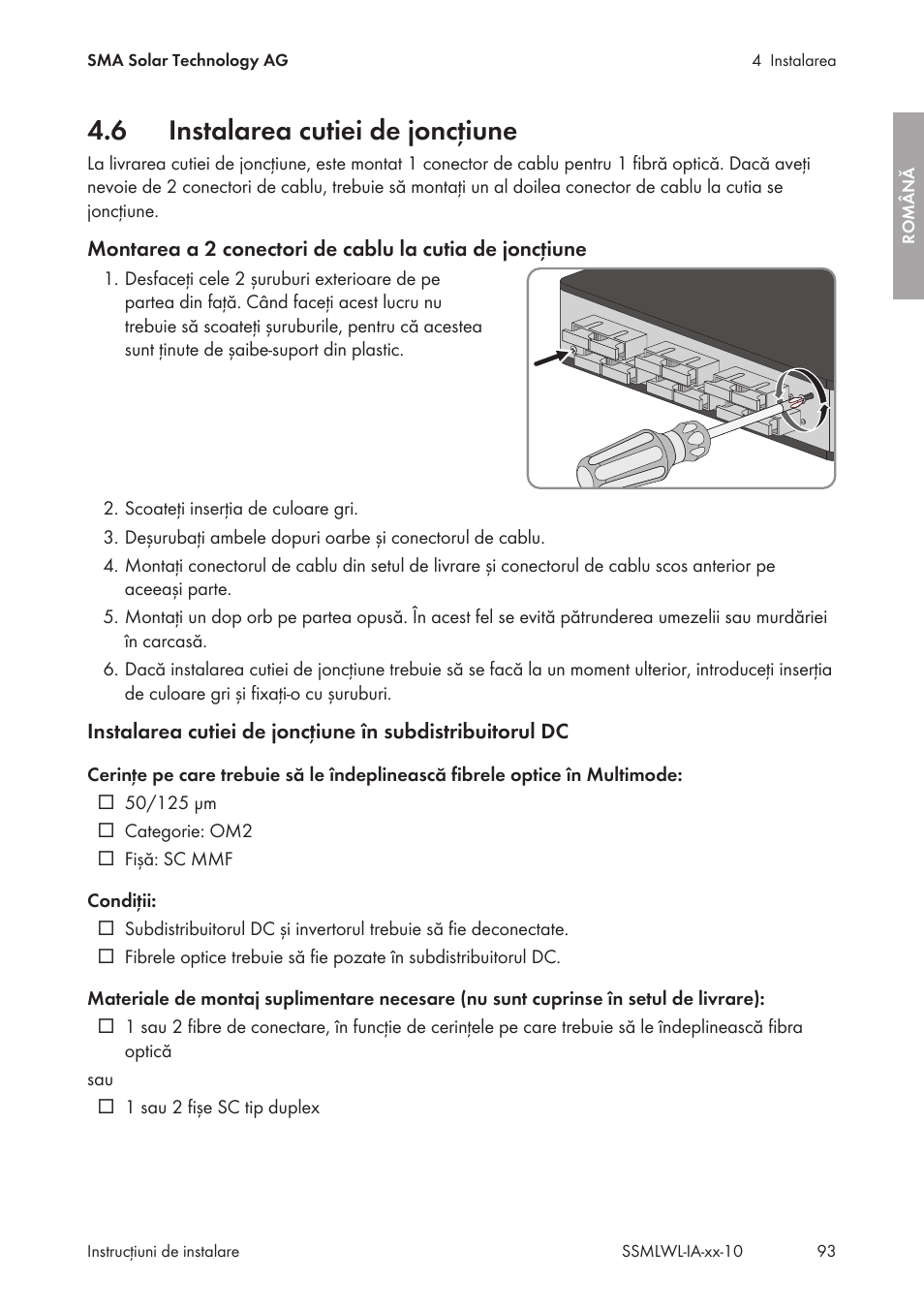 6 instalarea cutiei de joncțiune, Instalarea cutiei de joncțiune | SMA String-Monitors Optical Fiber Interface Module User Manual | Page 93 / 124