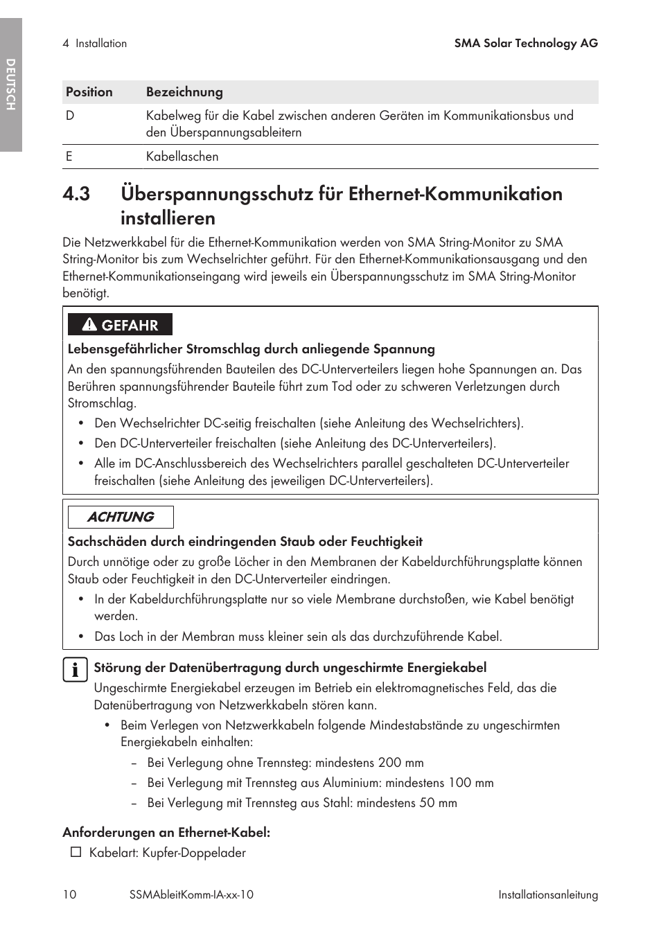 SMA String-Monitors Ethernet overvoltage protection set User Manual | Page 10 / 134